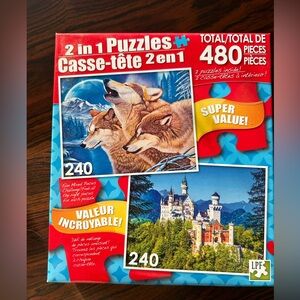 New 480 piece 2 in 1 Puzzle: Antique World Map - Quaint Square in the Village